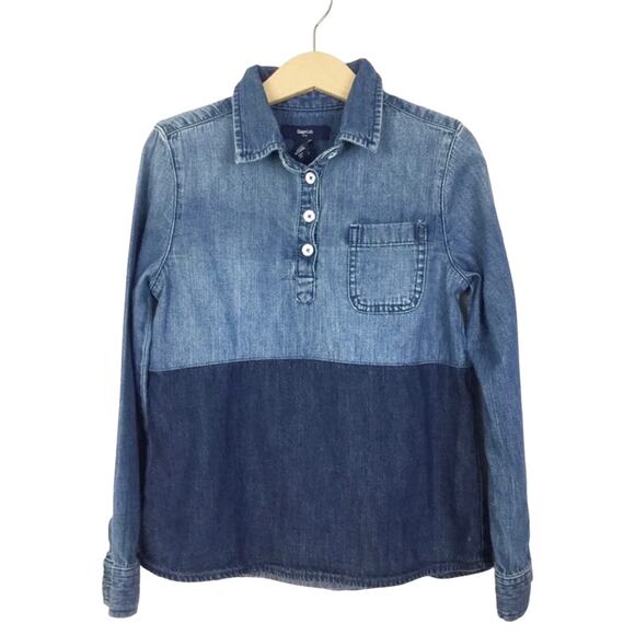 Gap Kids Two-Tone Blue Chambray Color Block Popover Top Small 6-7 - Picture 1 of 4